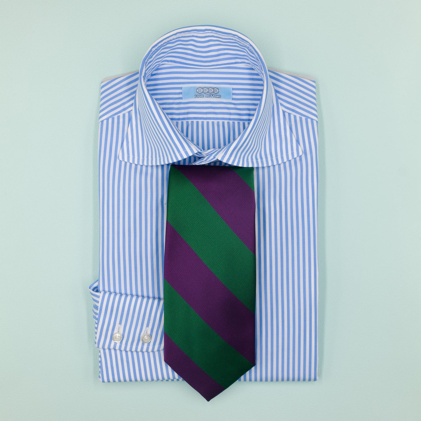 パープルとグリーンのストライプ柄オーニングネクタイ｜FOURBUTTONS Necktie - FOURBUTTONS ONLINE