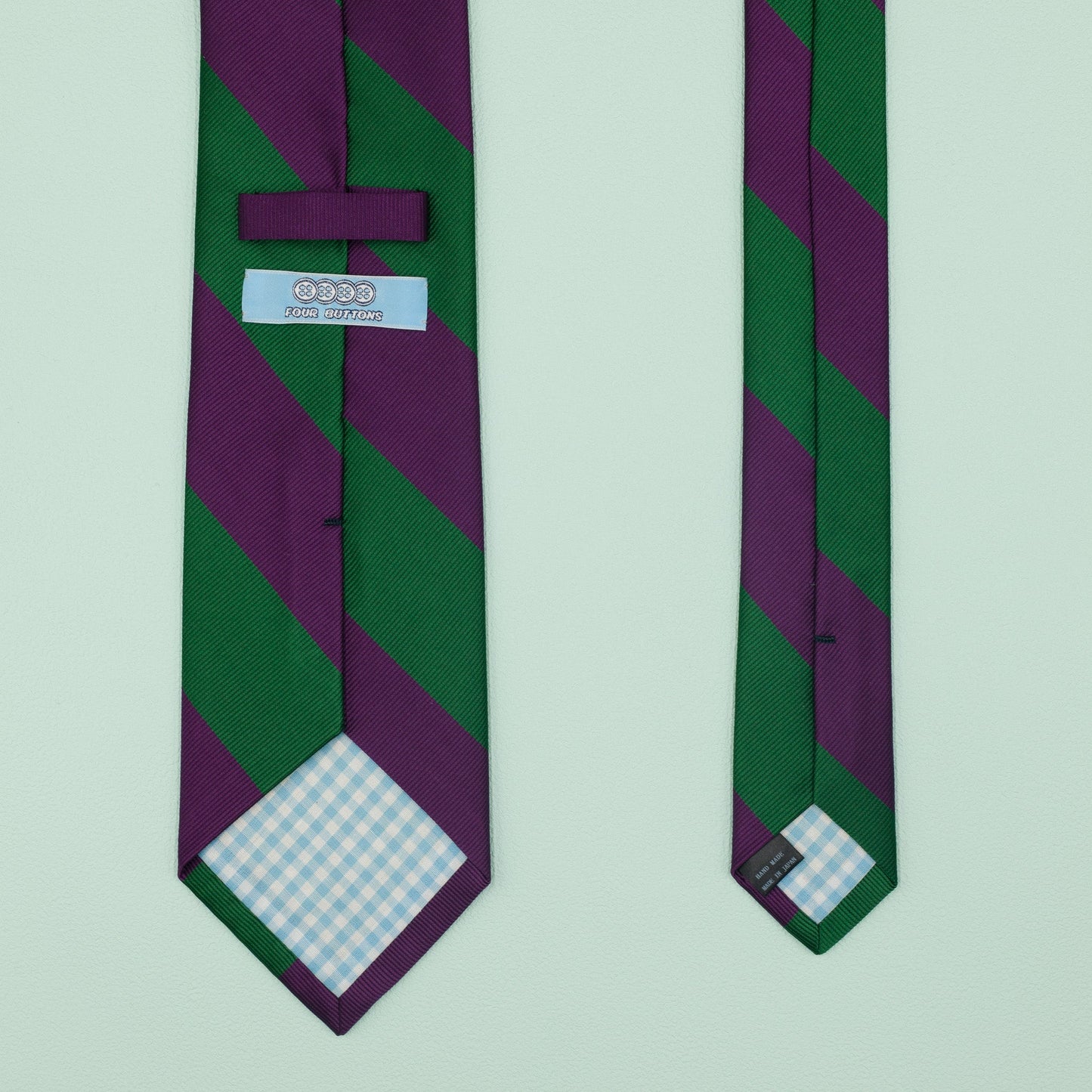 パープルとグリーンのストライプ柄オーニングネクタイ｜FOURBUTTONS Necktie - FOURBUTTONS ONLINE