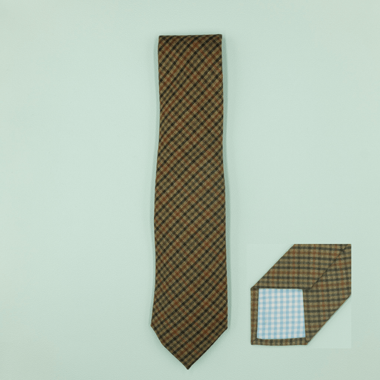 ウールネクタイ ブラウン×グリーン ガンクラブチェック Necktie - Four Buttons Shop
