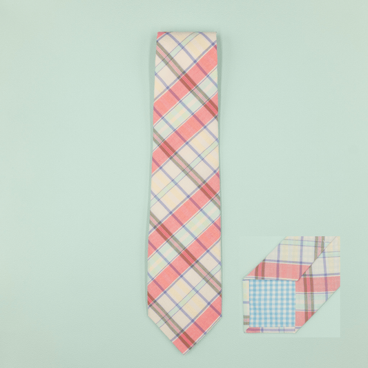 プレッピーネクタイ ライトピンク マドラスチェック Necktie - Four Buttons Shop