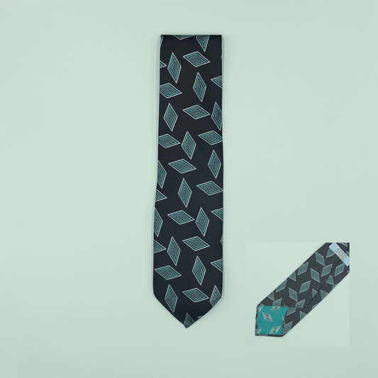 ヴィンテージファブリックネクタイ ネイビー×グリーン ダイヤ柄 Necktie - Four Buttons Shop