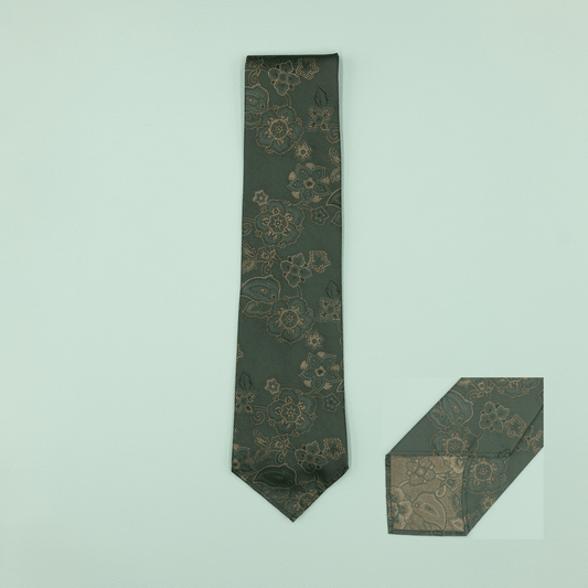 ヴィンテージファブリックネクタイ ダークグリーン 花柄 Necktie - Four Buttons Shop
