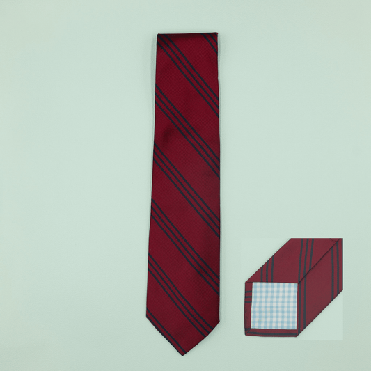 シルクネクタイ トリニティストライプ ワイン×ネイビー Necktie - Four Buttons Shop