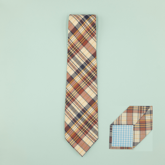プレッピーネクタイ ネイビー×ブラウン マドラスチェック Necktie - Four Buttons Shop